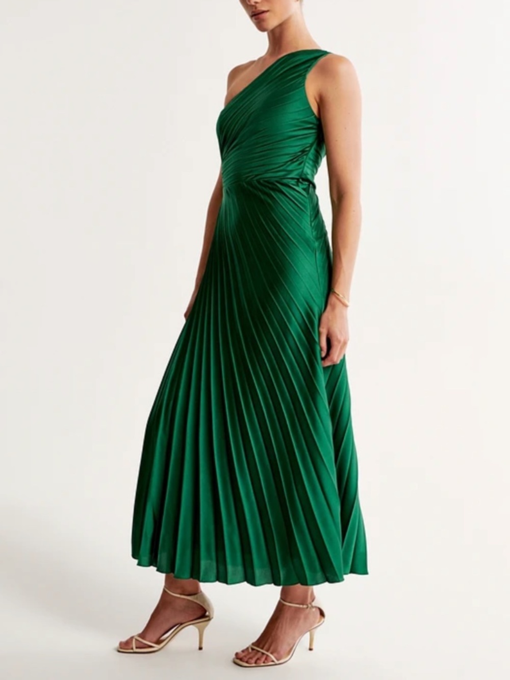 Abercrombie & Fitch Giselle Pleated One-Shoulder Midi Satin Green Dress Medium - Picture 2 of 16